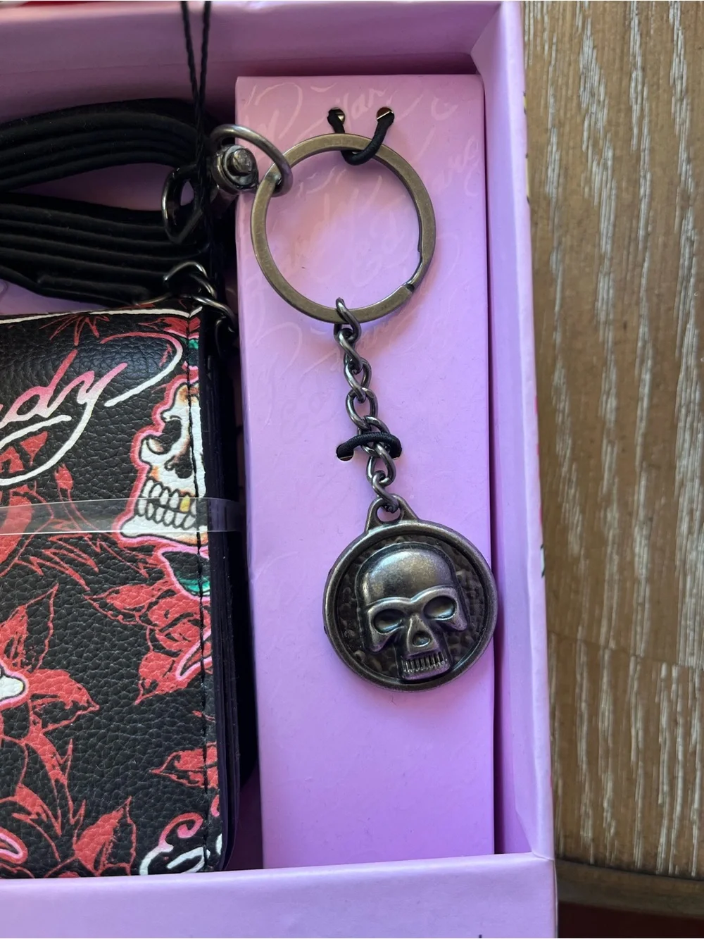 Ed Hardy Skull and Rose Micro Organizer Crossbody Bag Purse and Key Ring